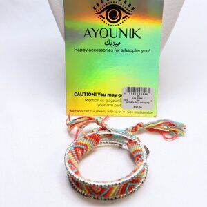 Ayounik Silver Tone Woven Multicolor Thread & Crystal Flex Bracelet $30 New